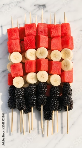 Fresh fruit skewers with watermelon banana and blackberries on marble
