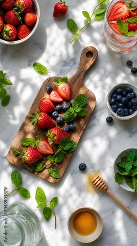 Fresh strawberries and blueberries with mint leaves and honey on a wooden board over a marble surface with natural sunlight shadows