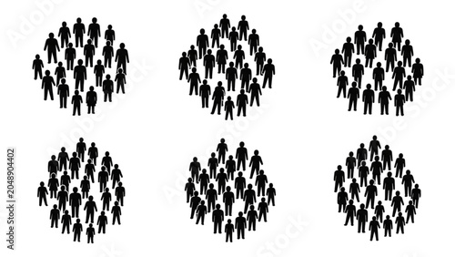Konstfotografi Six clusters of people in 2D AutoCAD vector illustration standing together