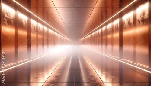 Futuristic Metallic Copper Corridor With Neon Lights.