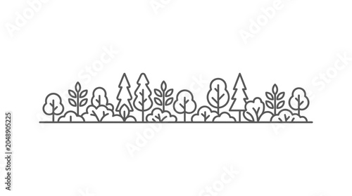 Long row of stylized trees and shrubs in line art.