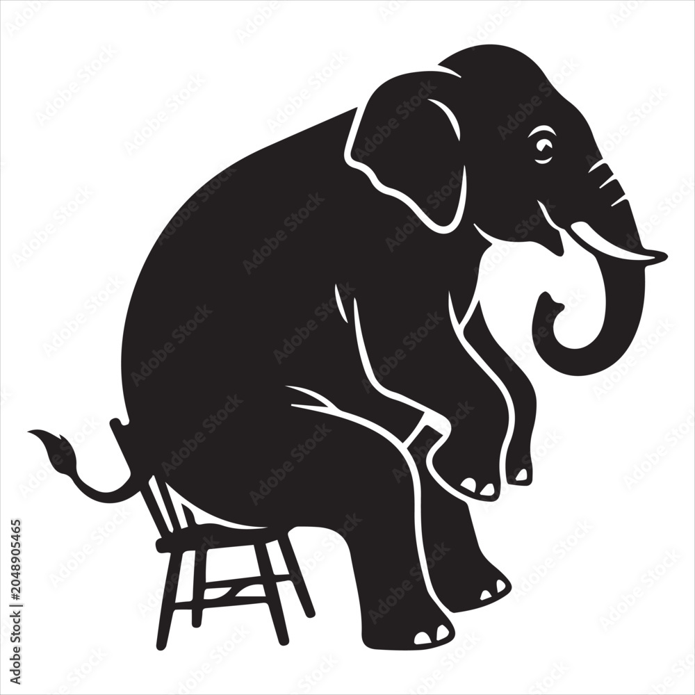 Fototapeta premium Elephant Sitting On Tiny Chair In Funny Scale Contrast Silhouette