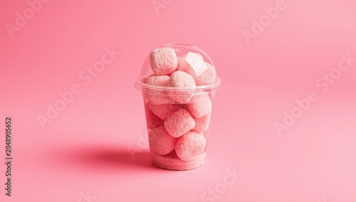 Lively sugar ball mix in clear takeaway cup situated on bright pink backdrop for beverage styling