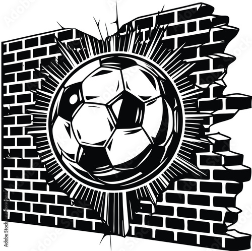 Soccer ball bursting through brick wall, black and white vector illustration, sports graphic, dynamic action scene