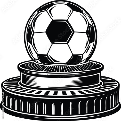 Soccer ball, football trophy, sports award, black and white vector