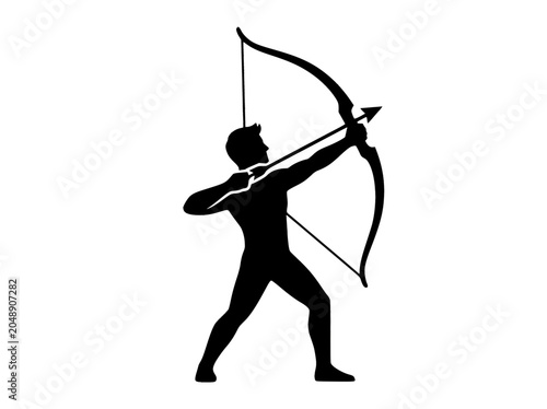  A focused athletic silhouette graphic illustrating a marksman stretching an ancient longbow weapon, capturing the marketing and commercial ideals of target accuracy, focus, and strategy execution