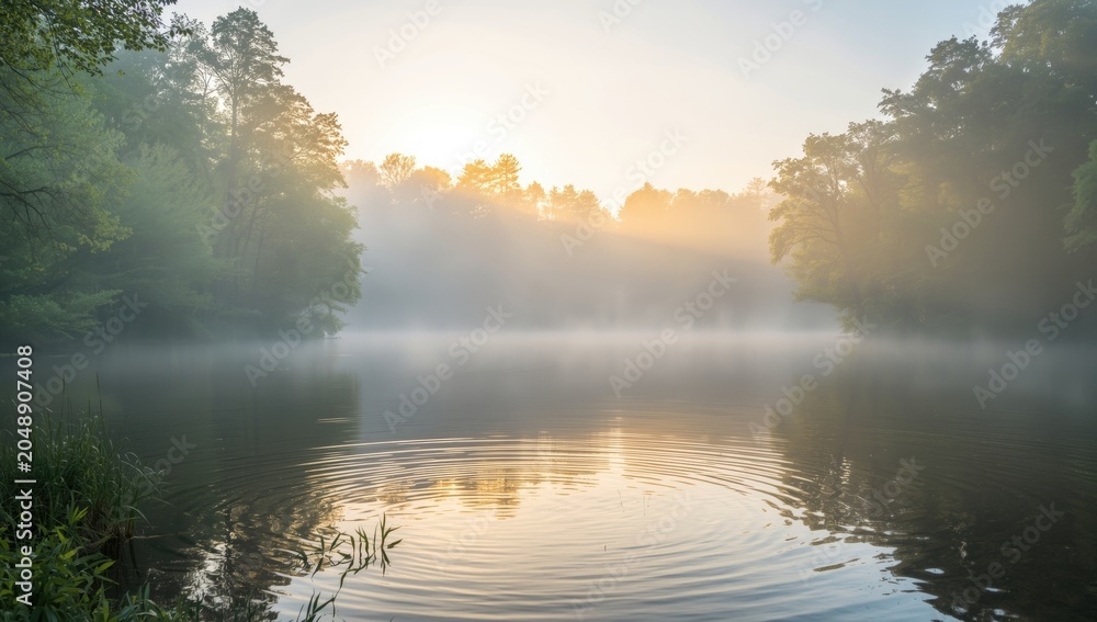 Obraz premium Misty woodland lake bathed in soft morning sun rays