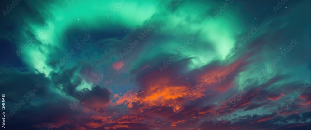Obraz premium Dynamic aurora borealis with contrasting purple and orange clouds at dusk