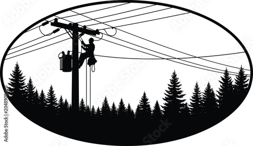 Silhouette of an electrician working on a transformer on a utility pole amidst pine trees Keywords: silhouette, electrician, utility, pole