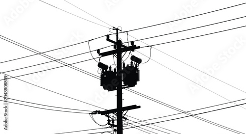Silhouette of electrical power pole with transformers and wires against white background Keywords: electricity, power, pole, transformer