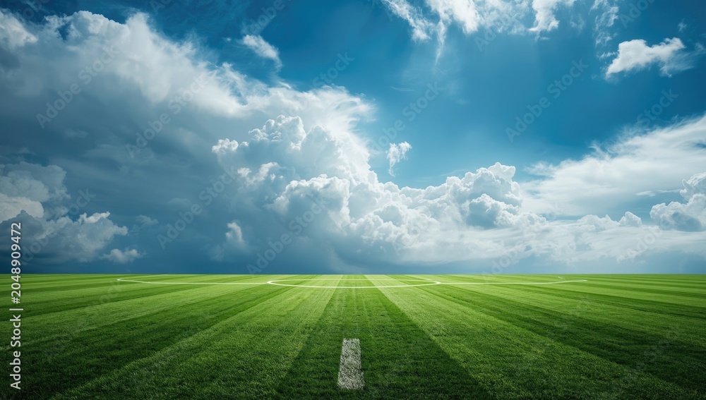 Obraz premium Neatly trimmed green grass soccer field under a dynamic cloudy blue sky with ample copy space