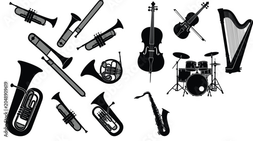 Foto Musical instruments vector silhouette set orchestra brass and strings collection