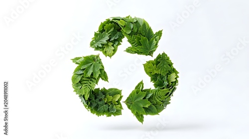 Sustainability recycling symbol made from green forest leaves isolated on a white background representing environmental conservation and ecological awareness