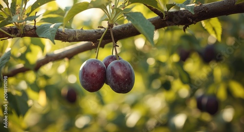 Ripe plums hanging on tree ...