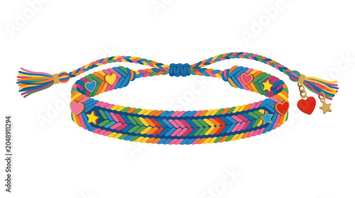Colorful Woven Friendship Bracelet with Hearts and Stars, Rainbow Pattern