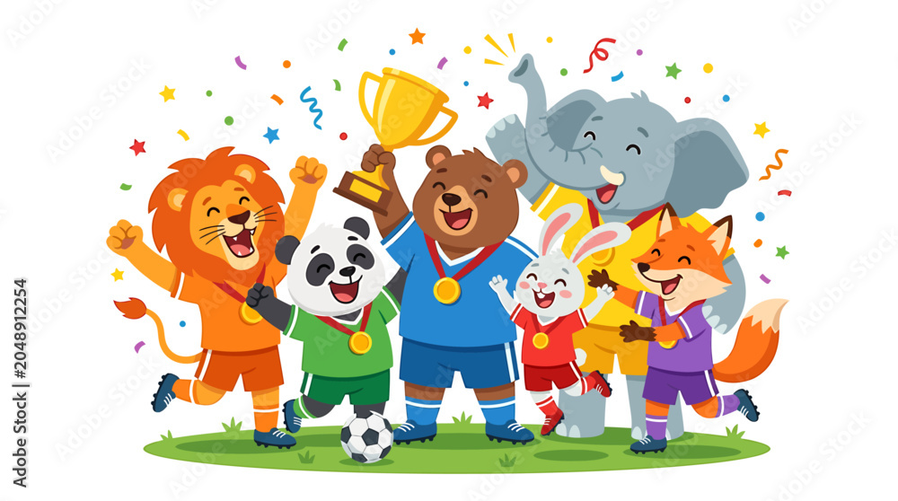 Fototapeta premium Animal soccer players celebrating with trophy on green field