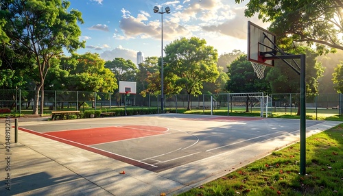 A serene outdoor basketball court surrounded by lush green trees and a clear blue sky