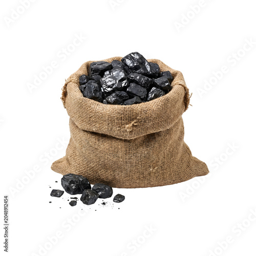 Burlap sack filled with pieces of black coal isolated on transparent background