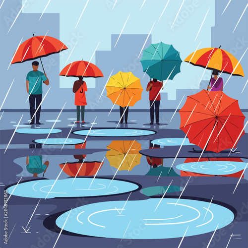 Cuadro en lienzo A rainy city scene with people holding colorful umbrellas