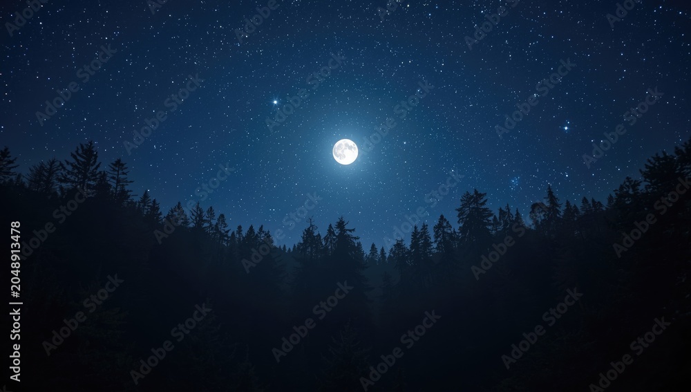 Obraz premium Night forest vista featuring radiant moonlight and dazzling stars producing tranquil ambiance