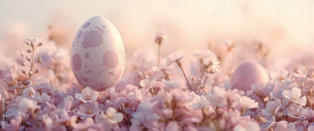 Fototapeta premium Lavender spotted Easter egg hanging in a floral cluster set on a soft pastel background