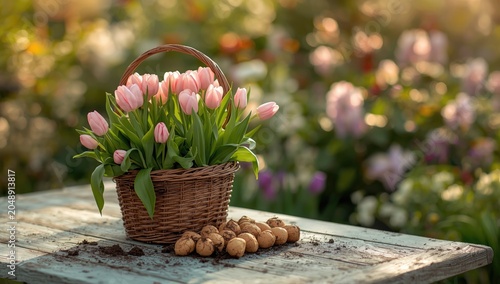 Pink tulips in a basket wit...