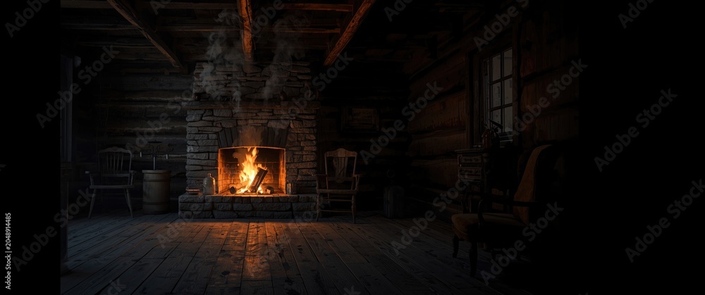 Obraz premium Warm glowing fireplace flames and smoke inside cozy rustic cabin room copy space