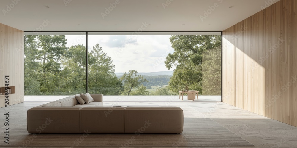 Fototapeta premium Stylish Scandinavian interior featuring sofa and natural view through expansive window