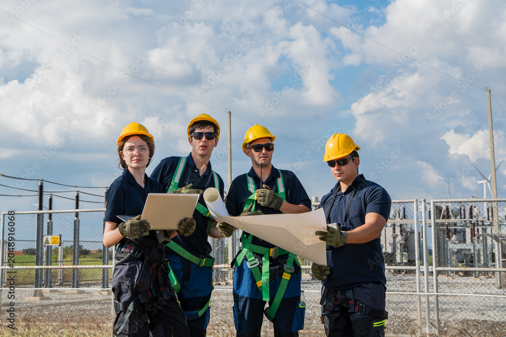 Fototapeta premium Successful electrical engineer teamwork holding blueprint and laptop looking forward at industrial power plant site. Commercial energy infrastructure business and construction safety management.