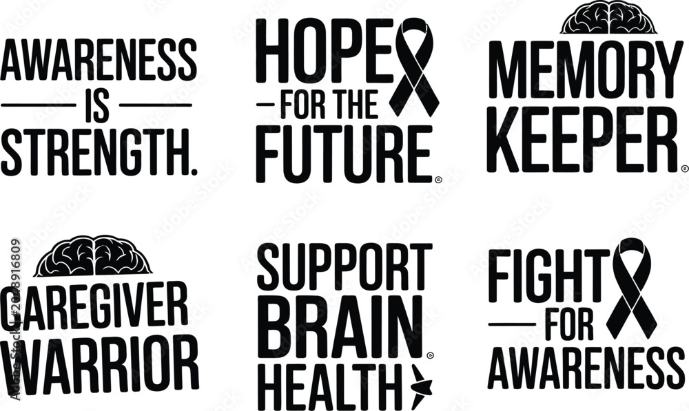 Obraz premium Bold sans serif typography for brain health and memory keeper support awareness is strength and hope for future stickers fight for awareness medical ribbon vector designs.