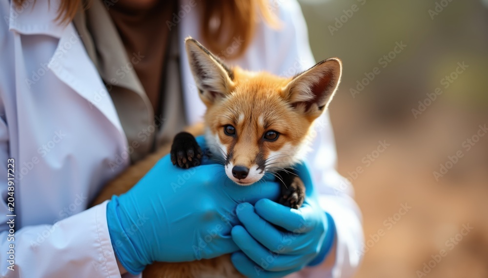 Fototapeta premium Vet checks cute young fox kit held in gloved hands outdoors. Woman in lab coat cares for wild animal, examines injured cub, helping wildlife rehabilitation.