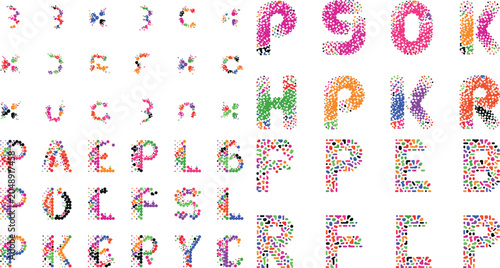Colorful alphabet letters made of small dots on white background