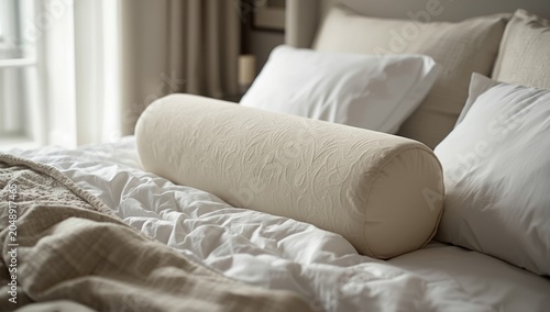 Relaxing room with an elegant bolster pillow and tastefully arranged bedding