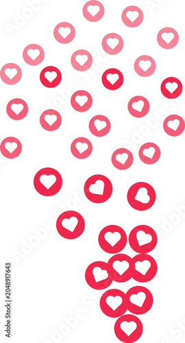 Social Media Reaction Icons Floating Upward. Social media live stream reactions flying icons. Like thumbs up and love heart emoji buttons.  Facebook style love hearts and thumbs
