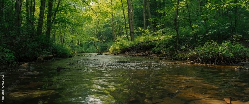 Fototapeta premium Gentle stream moving quietly through a vibrant green forest full of towering tree covers and dense undergrowth