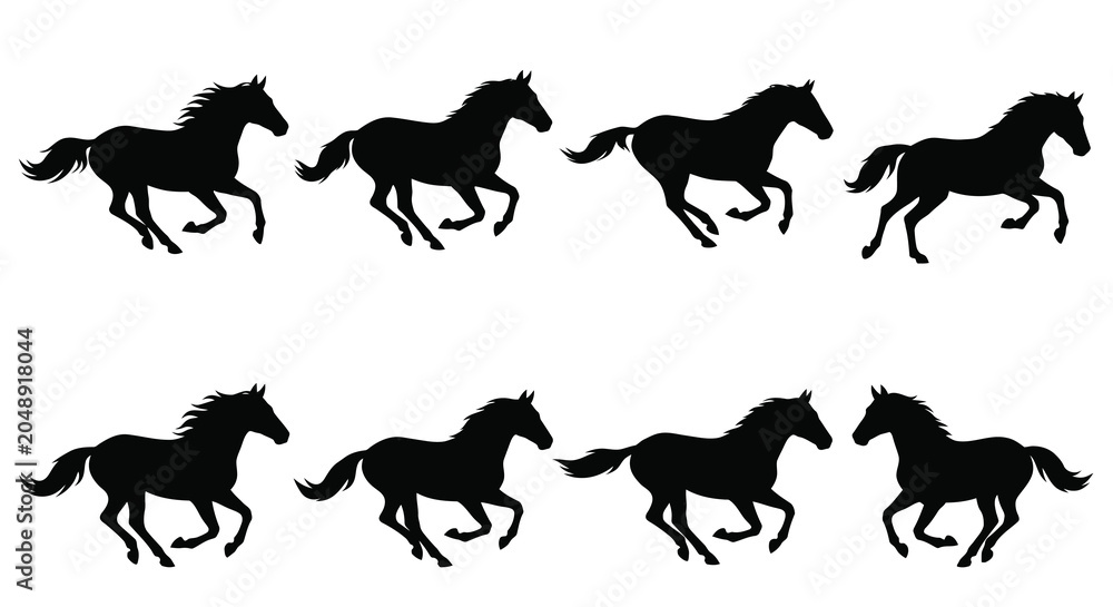 Obraz premium Horse Silhouettes In Motion Black Shapes Against White Background