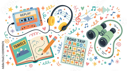 Road Trip Essentials Cassette Player Headphones Binoculars Travel Journal and Bingo Game.