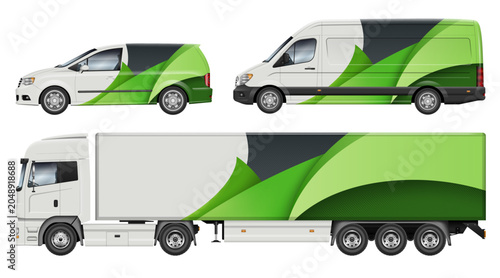 Vehicle branding mockup template with abstract green and dark grey geometric wrap design for corporate identity concept