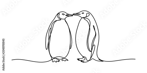 Photos Two penguins standing close together with beaks touching, simple line art drawin