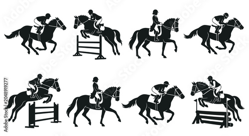Fotografía Equestrian silhouettes depicting show jumping horses and riders black vector ill