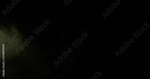 Ultra slow motion dust or sand cloud drifting through the air on a black background. Particle explosion effect ideal for overlays, compositing, visual effects, motion graphics and VFX projects.
