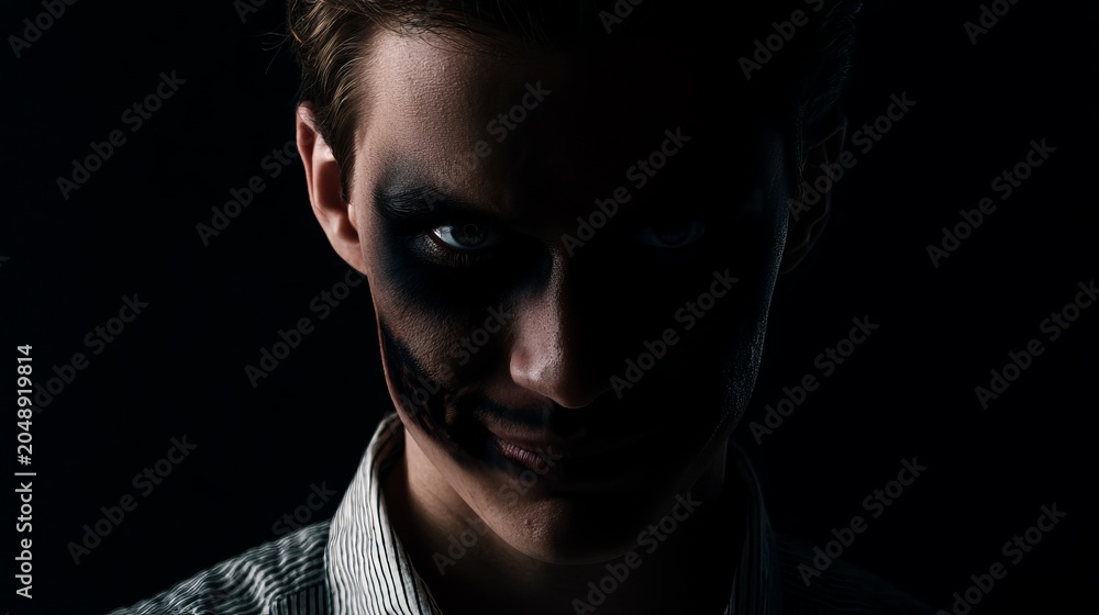 Fototapeta premium Darkness wraps around a young man's face