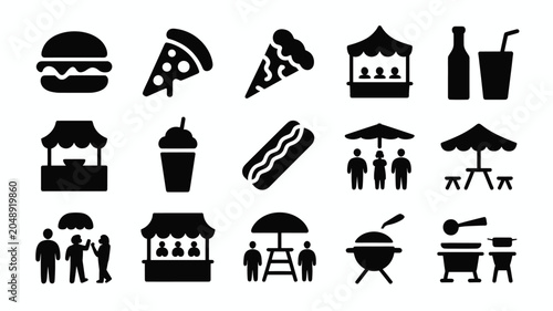 Cuadro en lienzo Set of 15 Black Food Festival Street Food Icons Vector