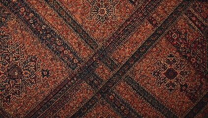 Textile featuring colorful geometric motifs intersecting with traditional oriental lines
