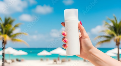 Hand holding white sunscreen bottle on tropical beach