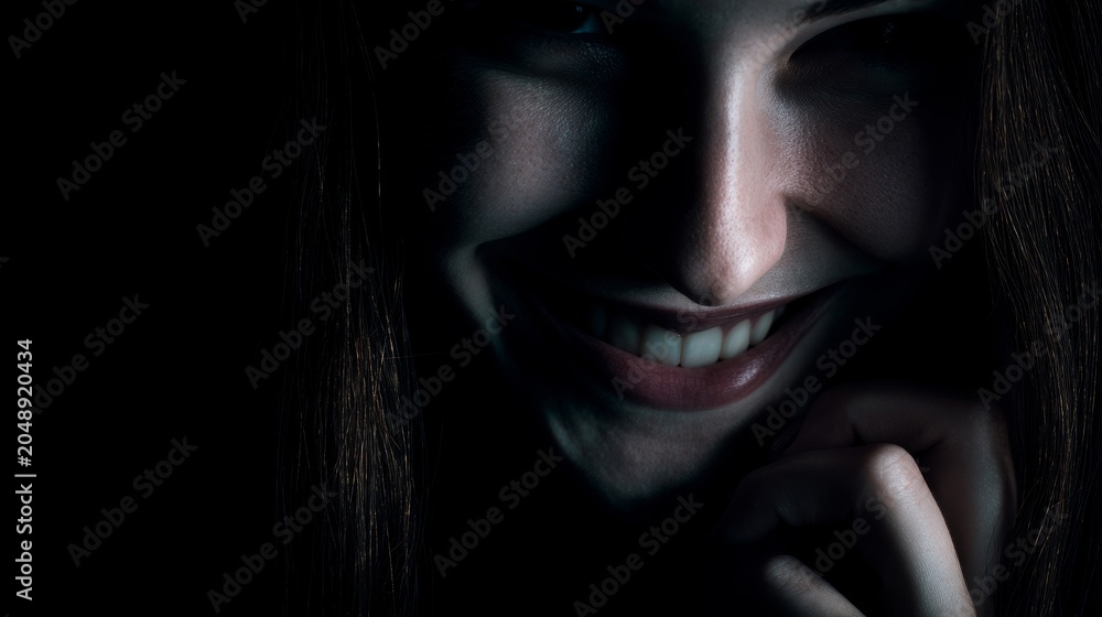Fototapeta premium Darkness frames a woman's smile