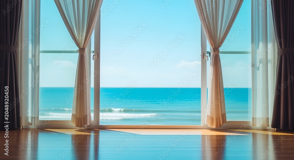 Fototapeta premium View of the ocean through open balcony glass doors