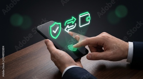 Businessman using mobile phone with biometric fingerprint authentication and secure digital wallet icons for financial security and mobile banking technology