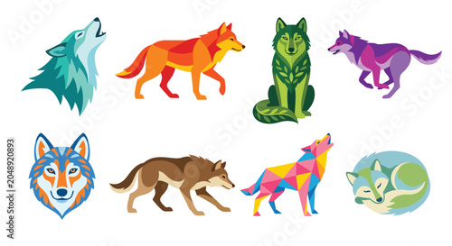 Billede på lærred Geometric Wolves Collection Colorful Vector Illustration On White Background