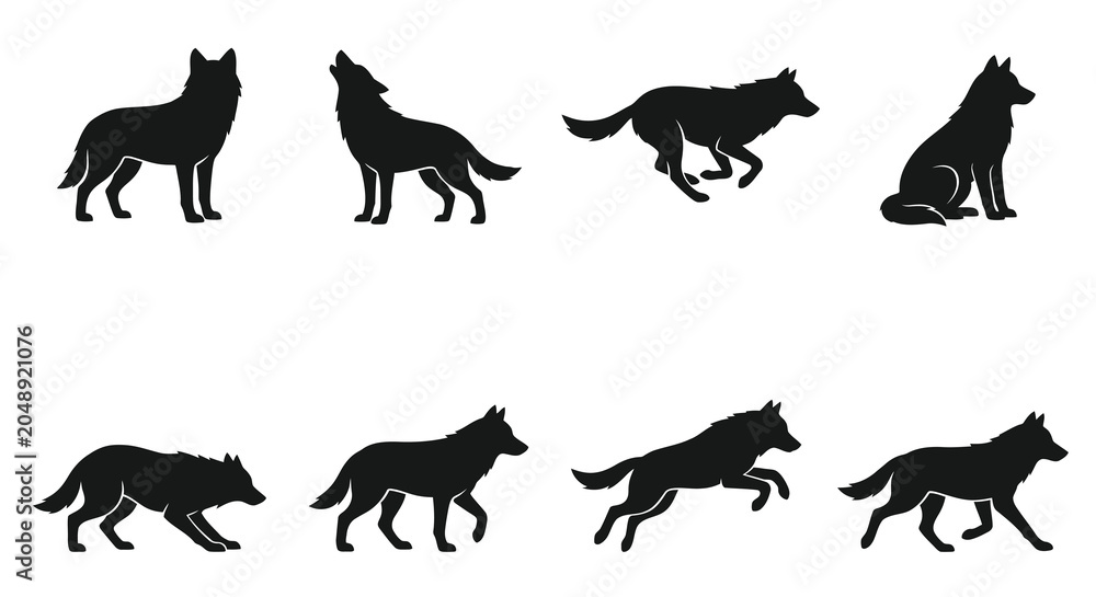 Fototapeta premium Wolf silhouettes in various poses black on white background